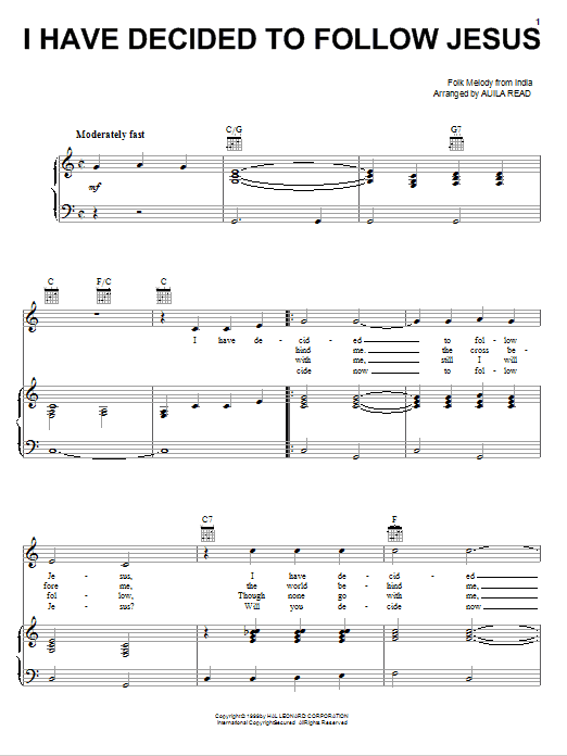 Auila Read I Have Decided To Follow Jesus sheet music notes and chords arranged for ChordBuddy