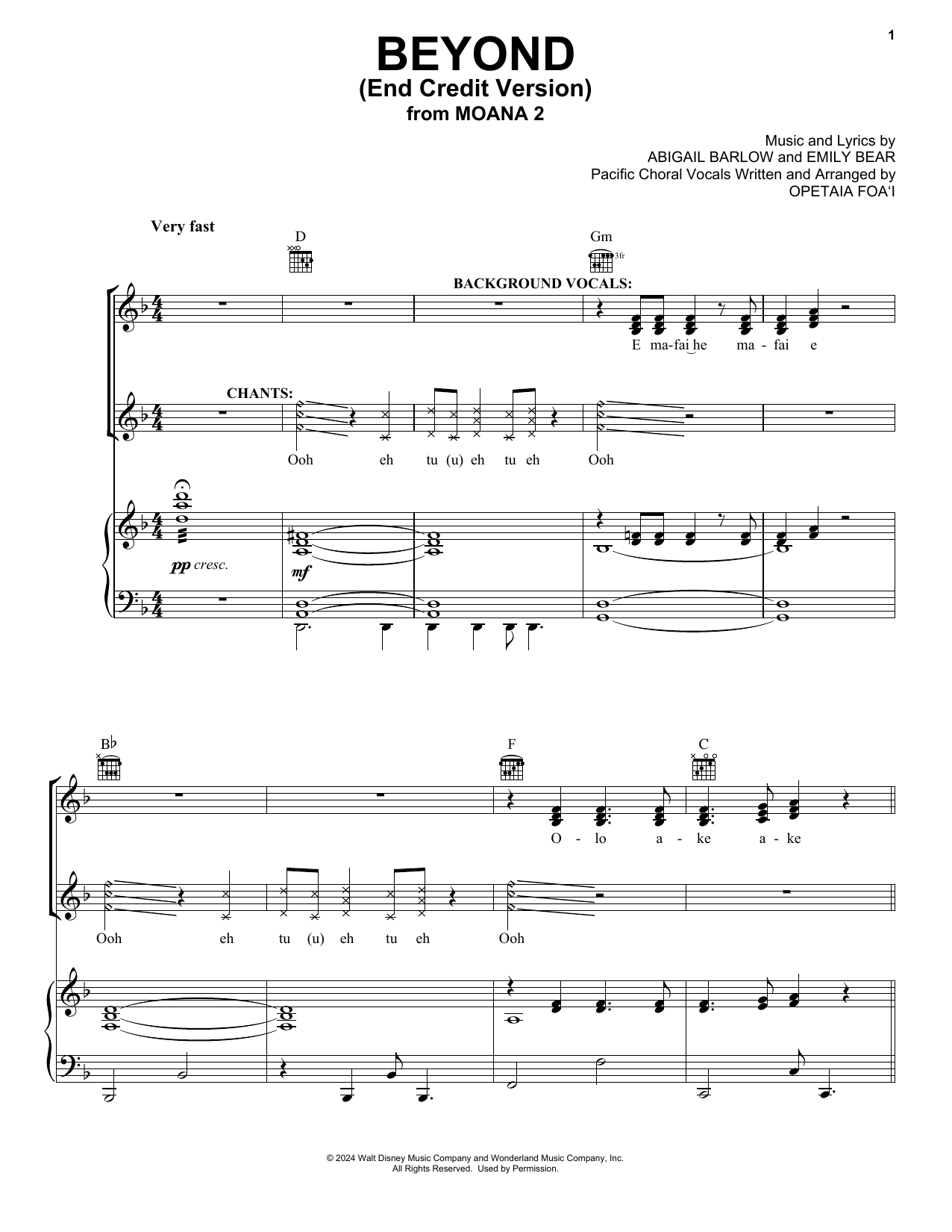 Auli'i Cravalho Beyond (End Credit Version) sheet music notes and chords arranged for Piano, Vocal & Guitar Chords (Right-Hand Melody)