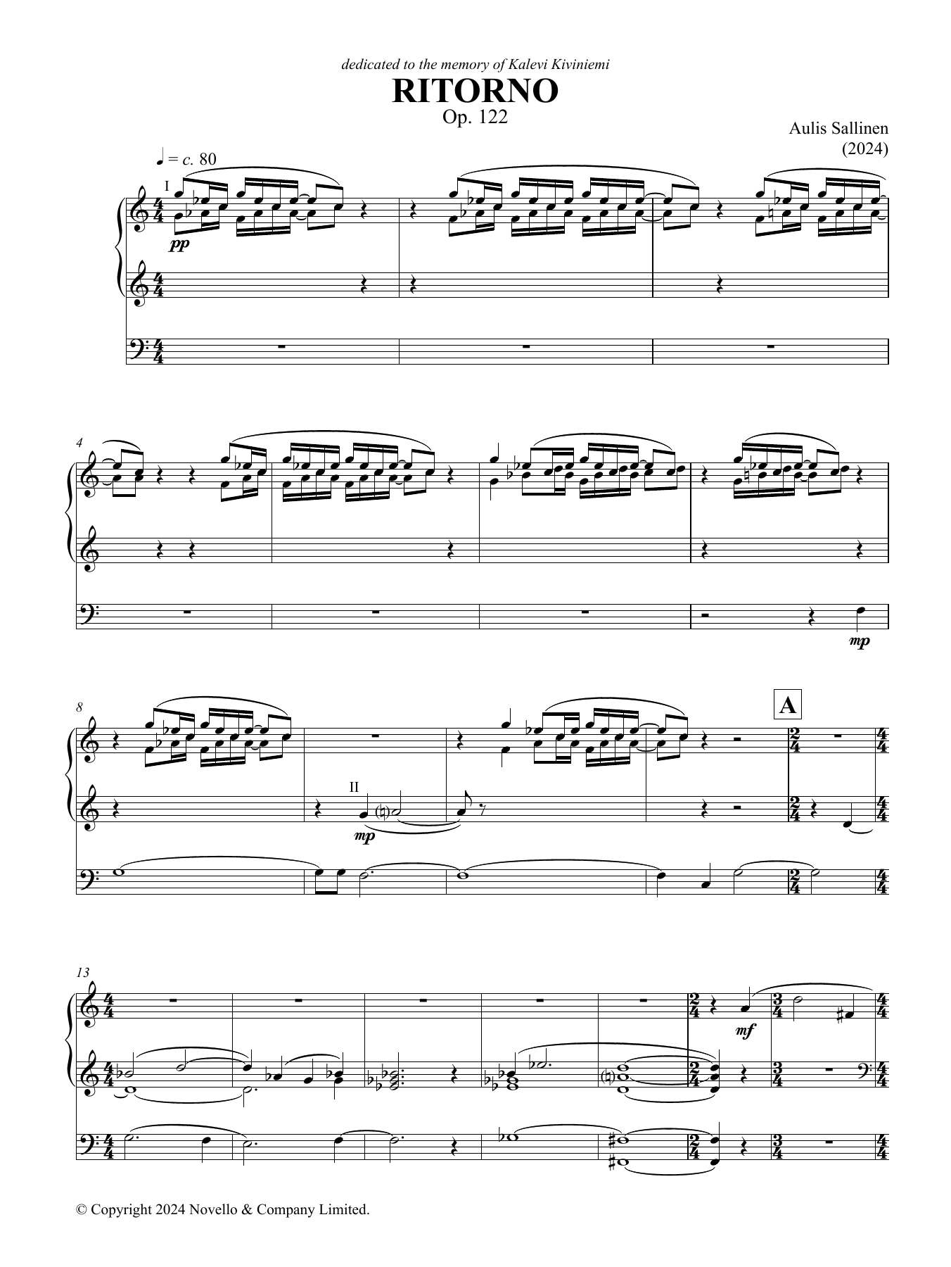 Aulis Sallinen Ritorno sheet music notes and chords arranged for Organ