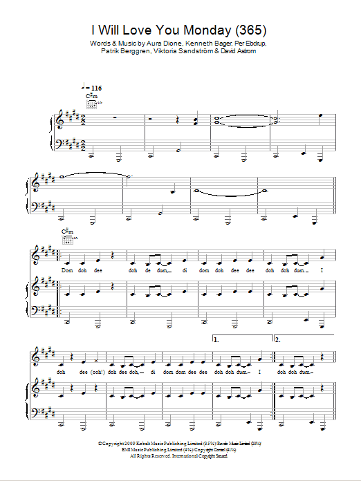 Aura Dione I Will Love You Monday (365) sheet music notes and chords arranged for Piano, Vocal & Guitar Chords