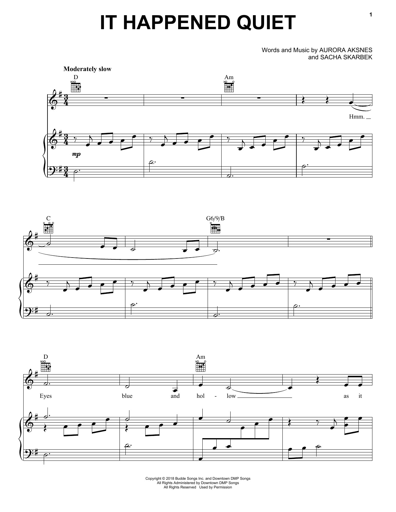 Aurora It Happened Quiet sheet music notes and chords arranged for Piano, Vocal & Guitar Chords (Right-Hand Melody)