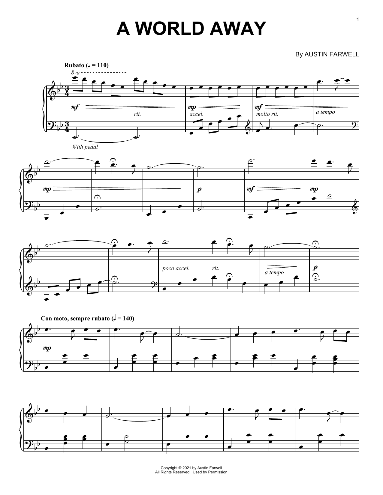 Austin Farwell A World Away sheet music notes and chords arranged for Piano Solo