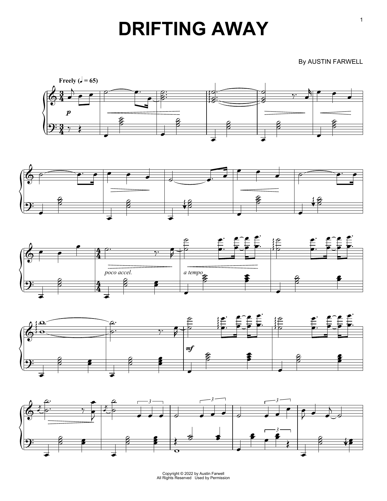 Austin Farwell Drifting Away sheet music notes and chords arranged for Piano Solo