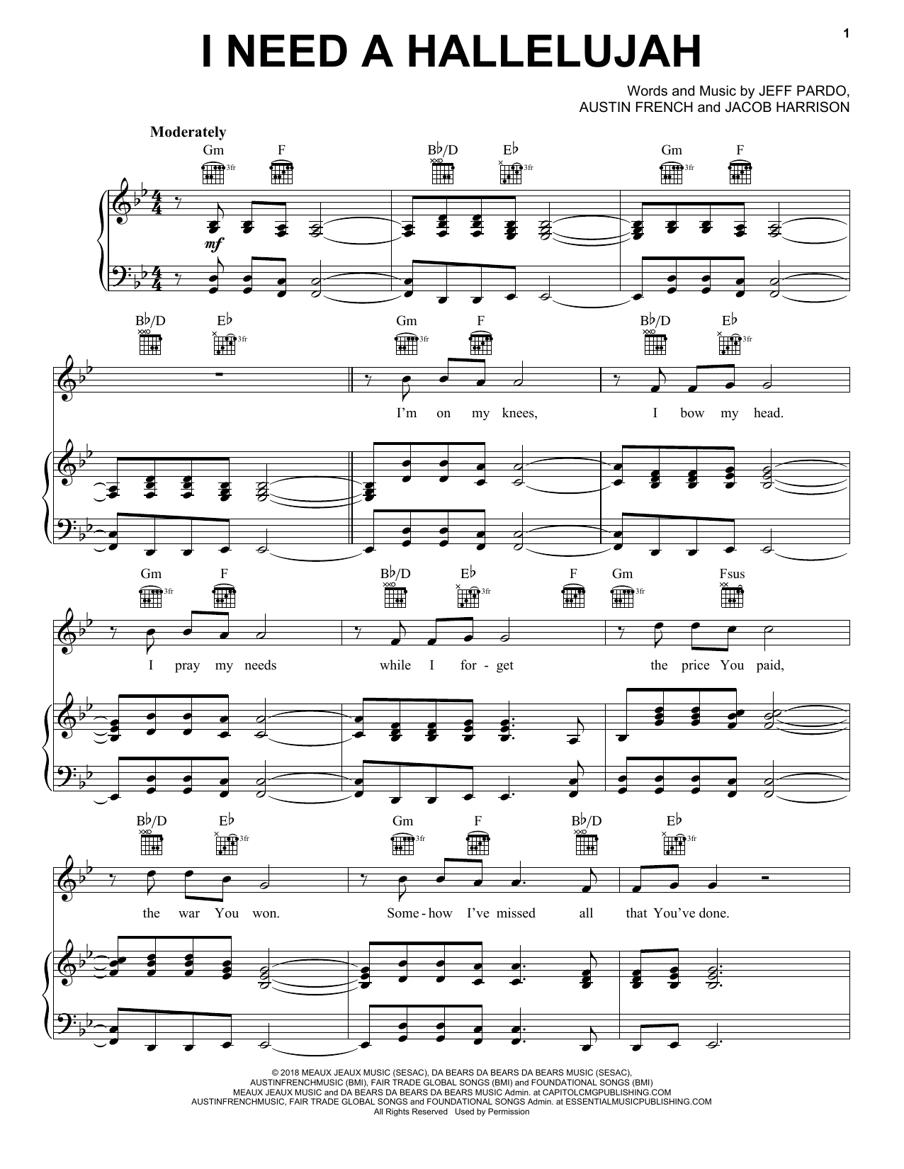Austin French I Need A Hallelujah sheet music notes and chords arranged for Piano, Vocal & Guitar Chords (Right-Hand Melody)