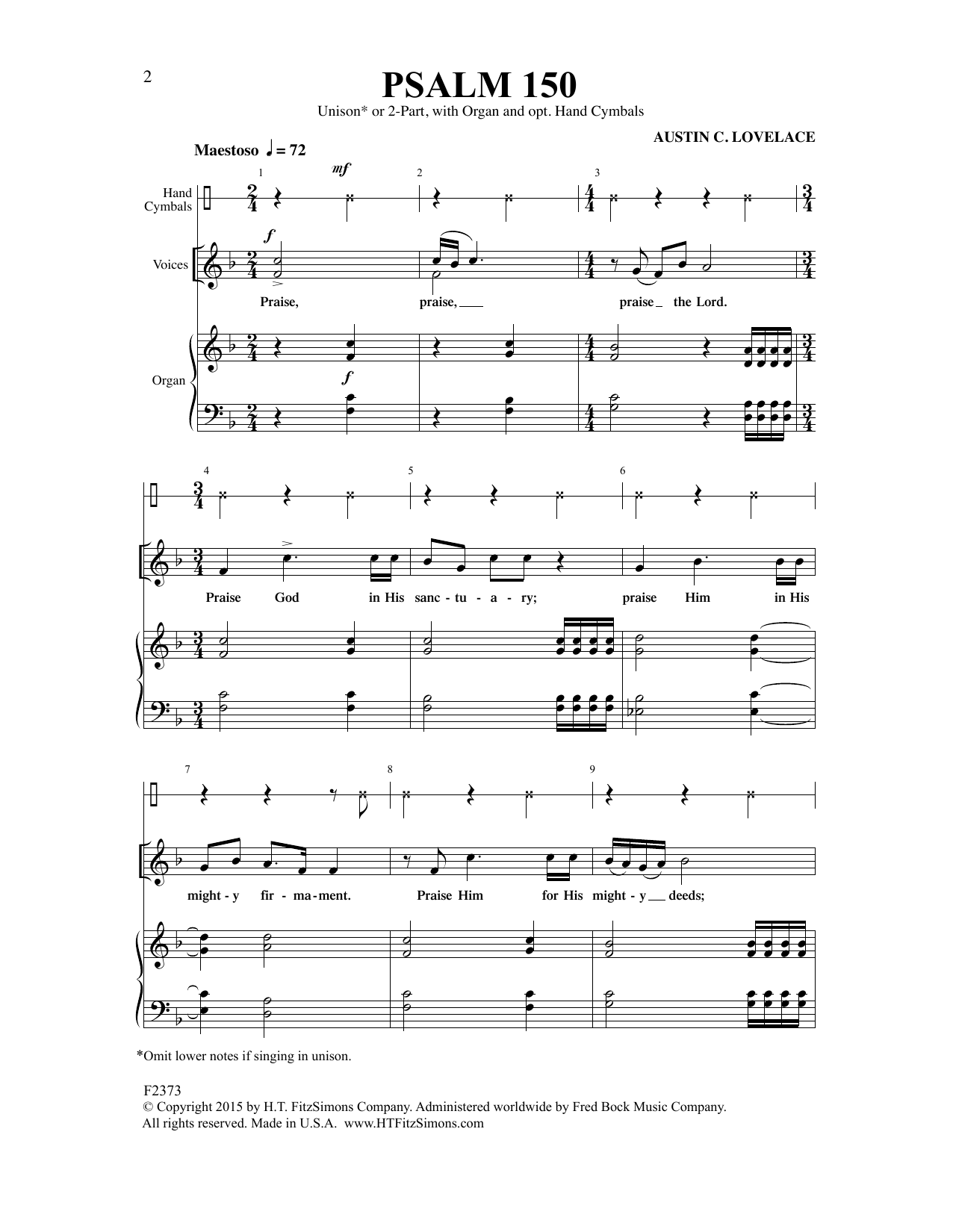 Austin Lovelace Psalm 150 sheet music notes and chords arranged for Unison Choir
