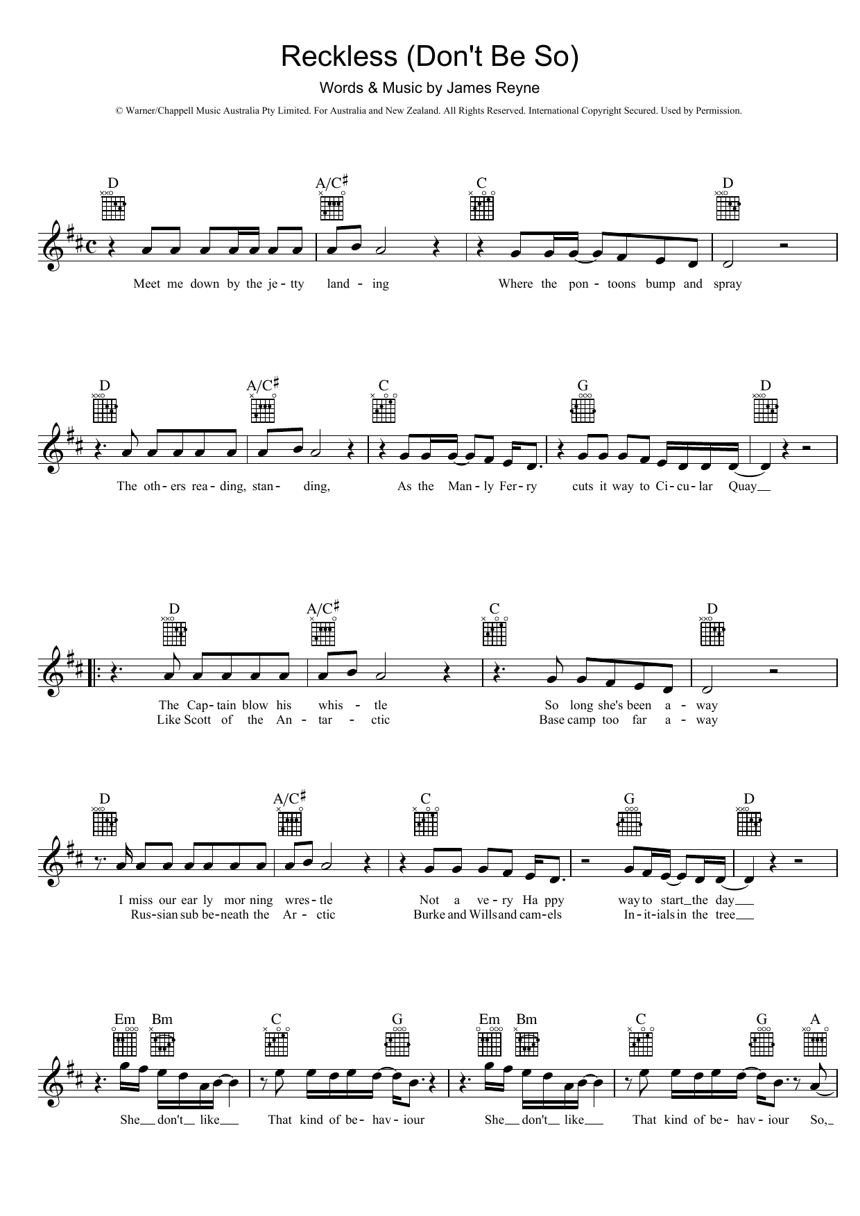 Australian Crawl Reckless (Don't Be So) sheet music notes and chords arranged for Lead Sheet / Fake Book