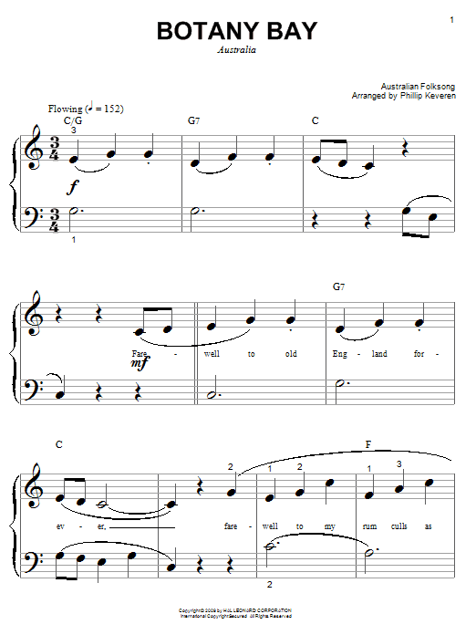 Australian Folksong Botany Bay (arr. Phillip Keveren) sheet music notes and chords arranged for Big Note Piano