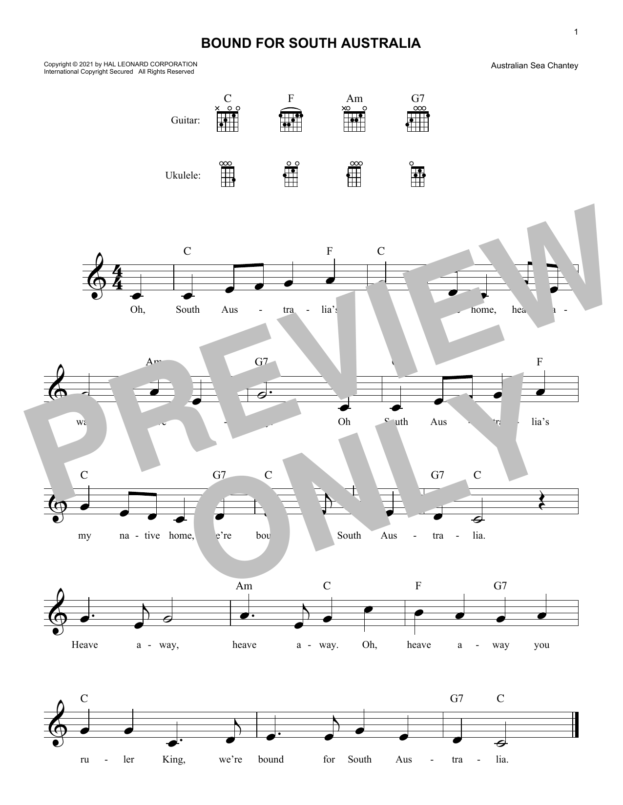 Australian Sea Chanty Bound For South Australia sheet music notes and chords arranged for Lead Sheet / Fake Book