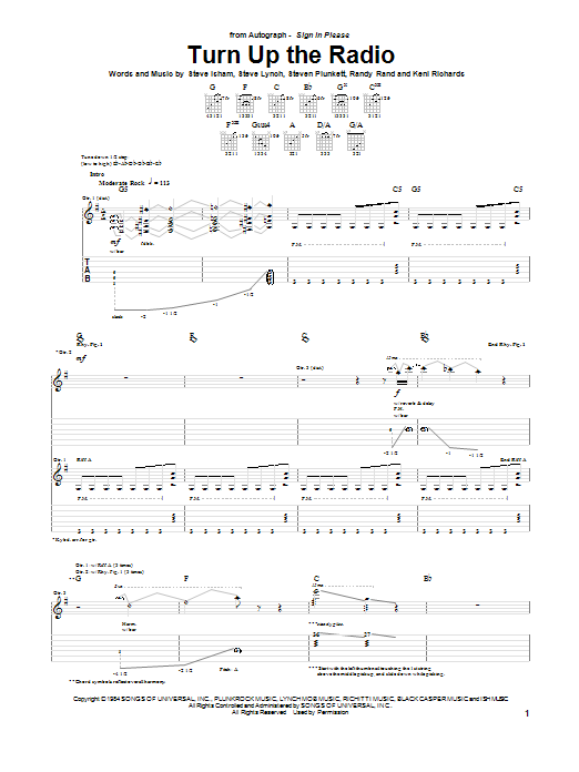 Autograph Turn Up The Radio sheet music notes and chords arranged for Easy Guitar Tab