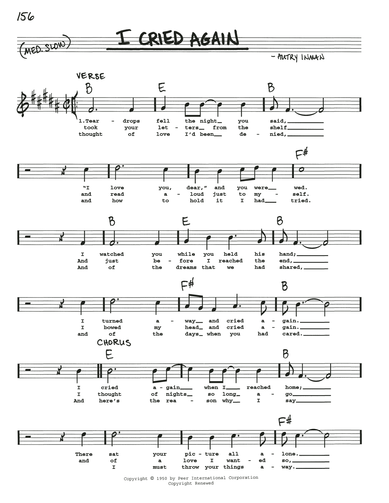 Autry Inman I Cried Again sheet music notes and chords arranged for Real Book – Melody, Lyrics & Chords