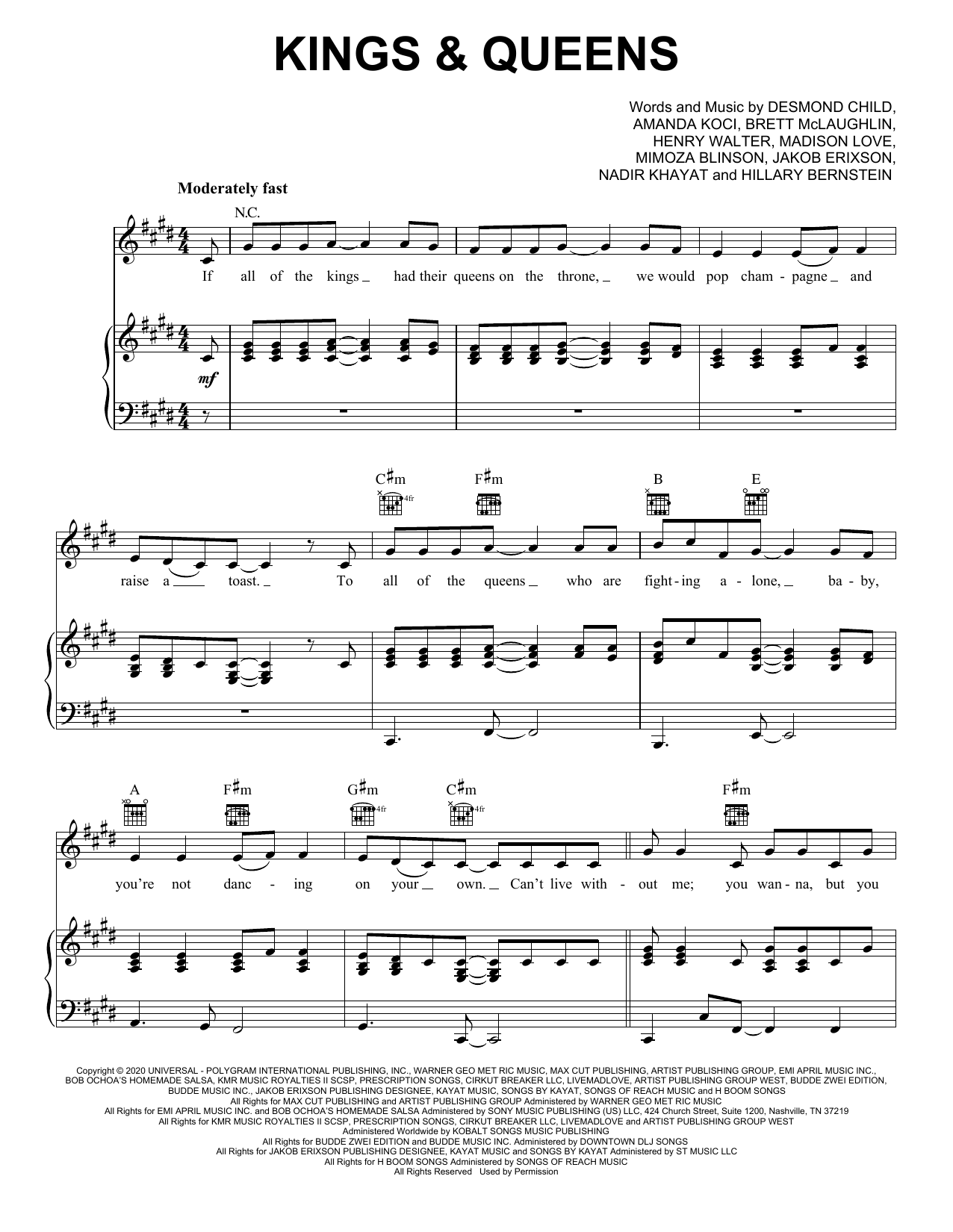 Ava Max Kings & Queens sheet music notes and chords arranged for Piano, Vocal & Guitar Chords (Right-Hand Melody)