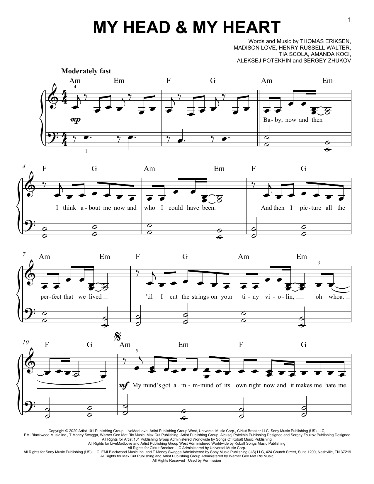 Ava Max My Head & My Heart sheet music notes and chords arranged for Easy Piano