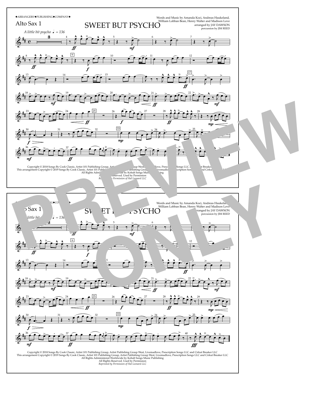 Ava Max Sweet But Psycho (arr. Jay Dawson) - Alto Sax 1 sheet music notes and chords arranged for Marching Band