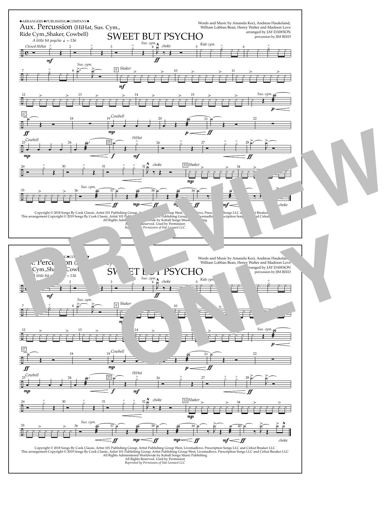 Ava Max Sweet But Psycho (arr. Jay Dawson) - Aux. Percussion sheet music notes and chords arranged for Marching Band