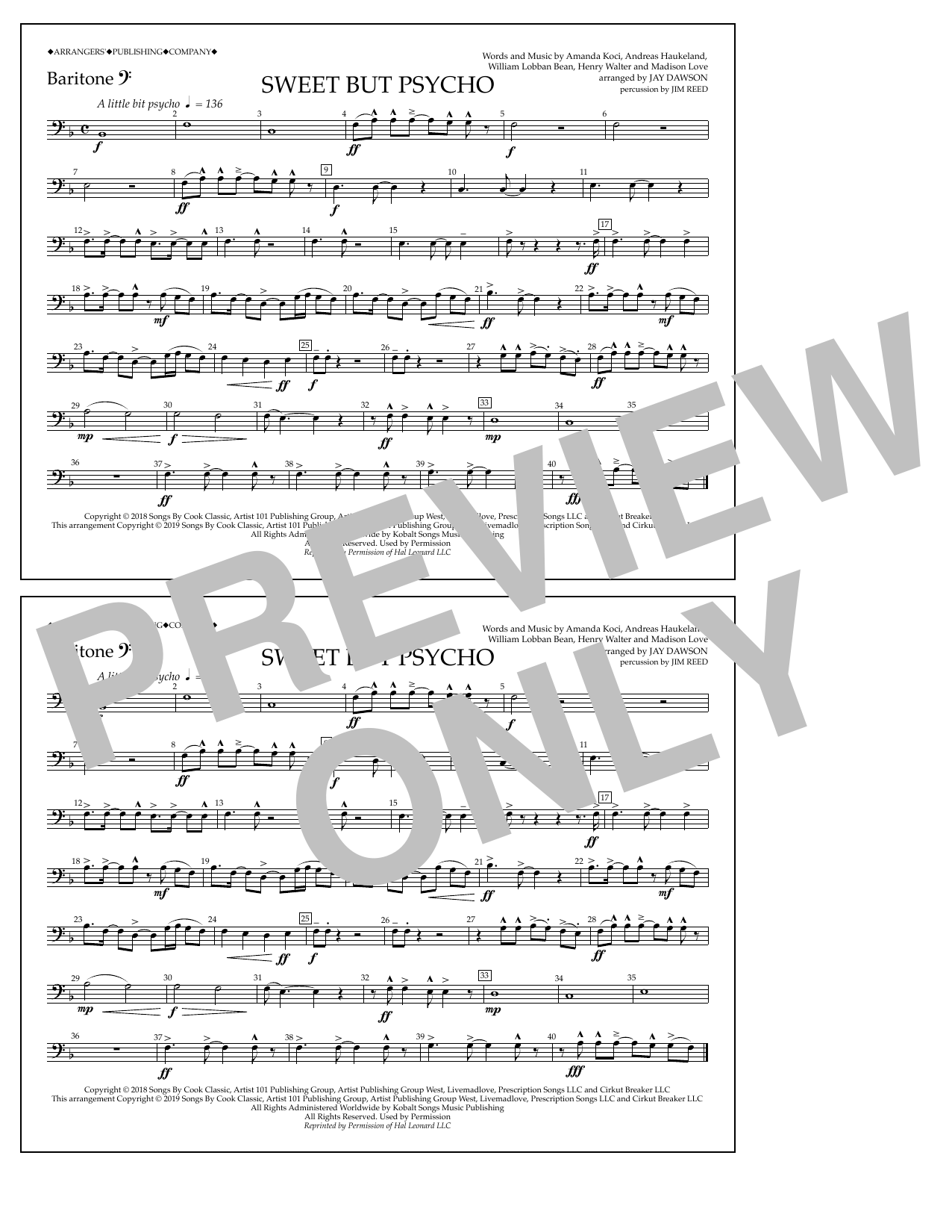 Ava Max Sweet But Psycho (arr. Jay Dawson) - Baritone B.C. sheet music notes and chords arranged for Marching Band