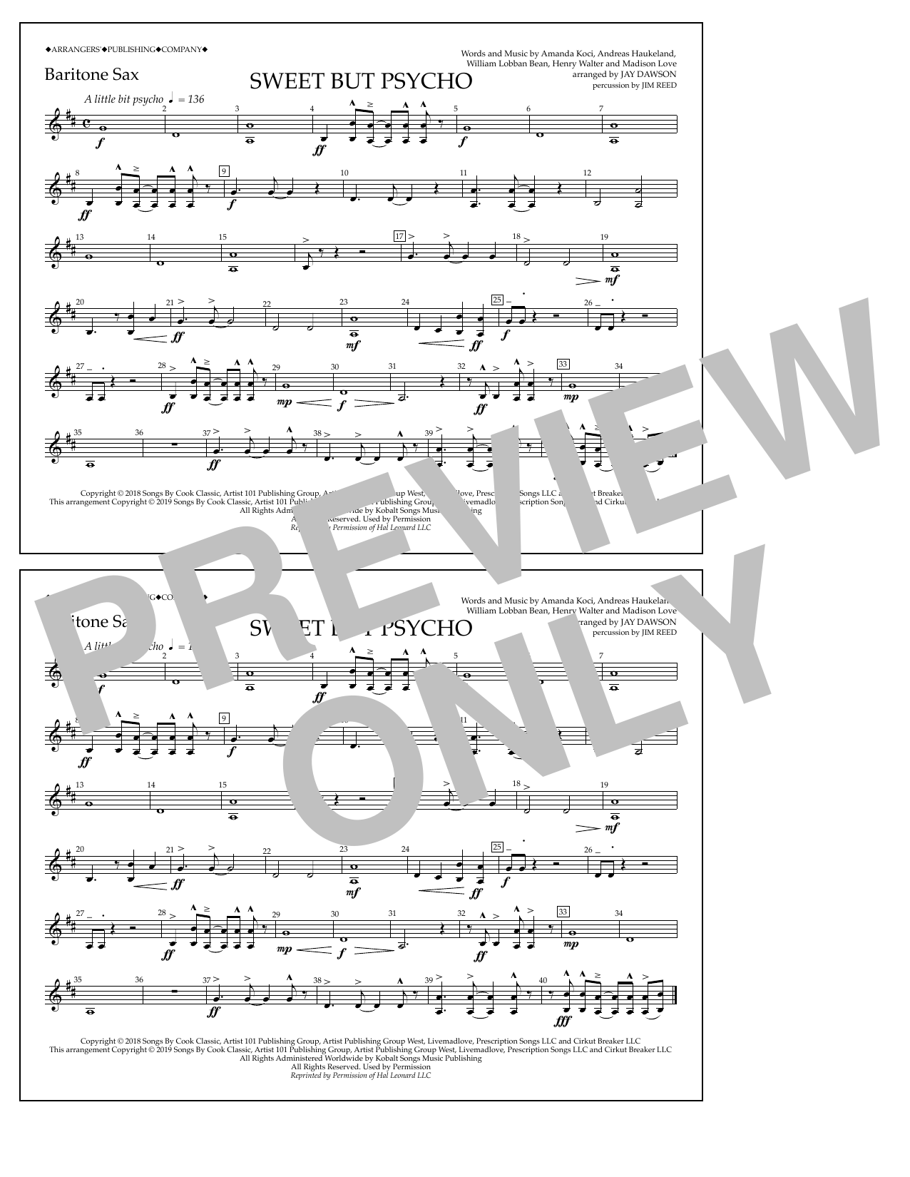 Ava Max Sweet But Psycho (arr. Jay Dawson) - Baritone Sax sheet music notes and chords arranged for Marching Band