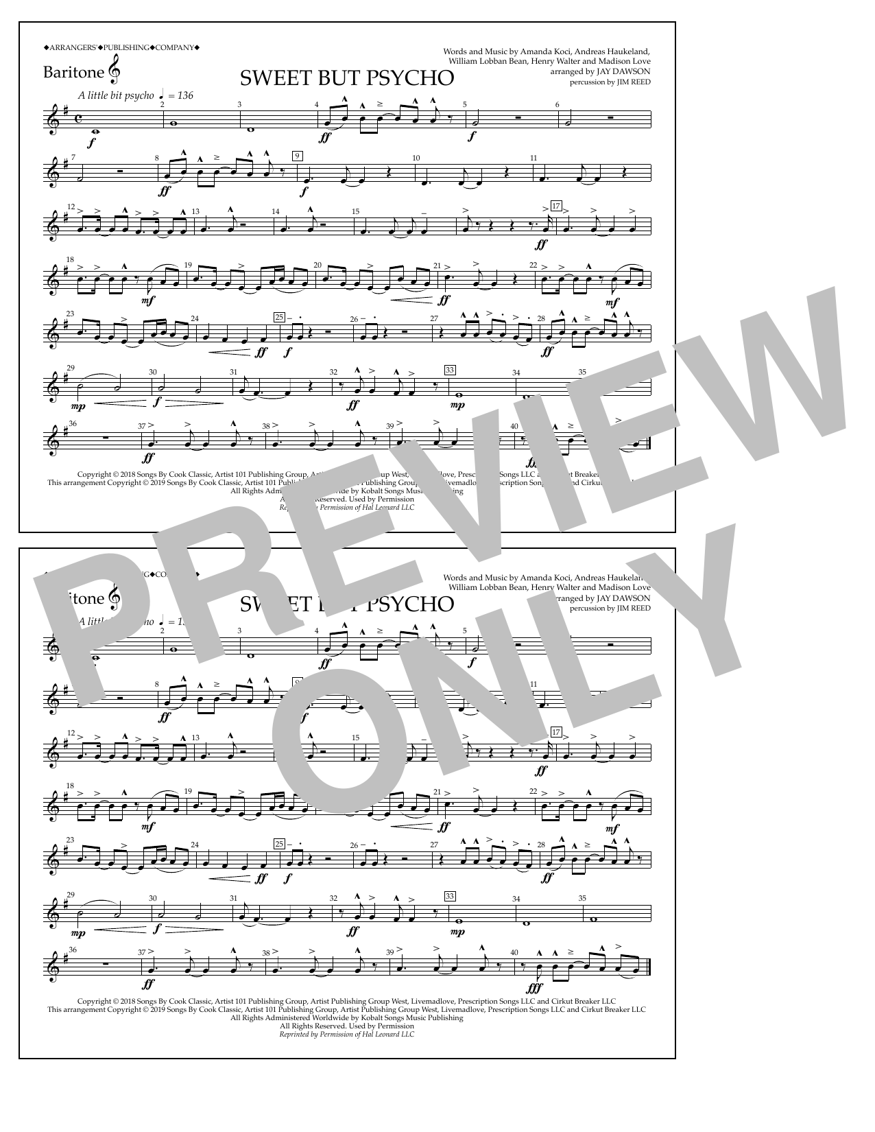 Ava Max Sweet But Psycho (arr. Jay Dawson) - Baritone T.C. sheet music notes and chords arranged for Marching Band