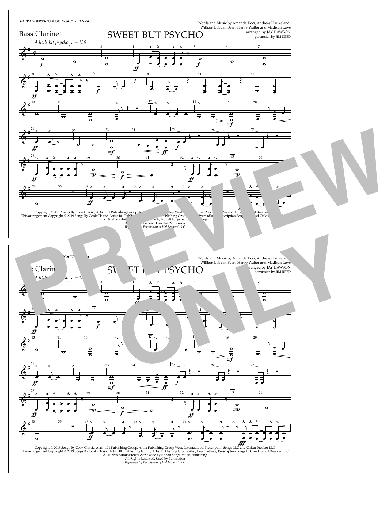Ava Max Sweet But Psycho (arr. Jay Dawson) - Bass Clarinet sheet music notes and chords arranged for Marching Band