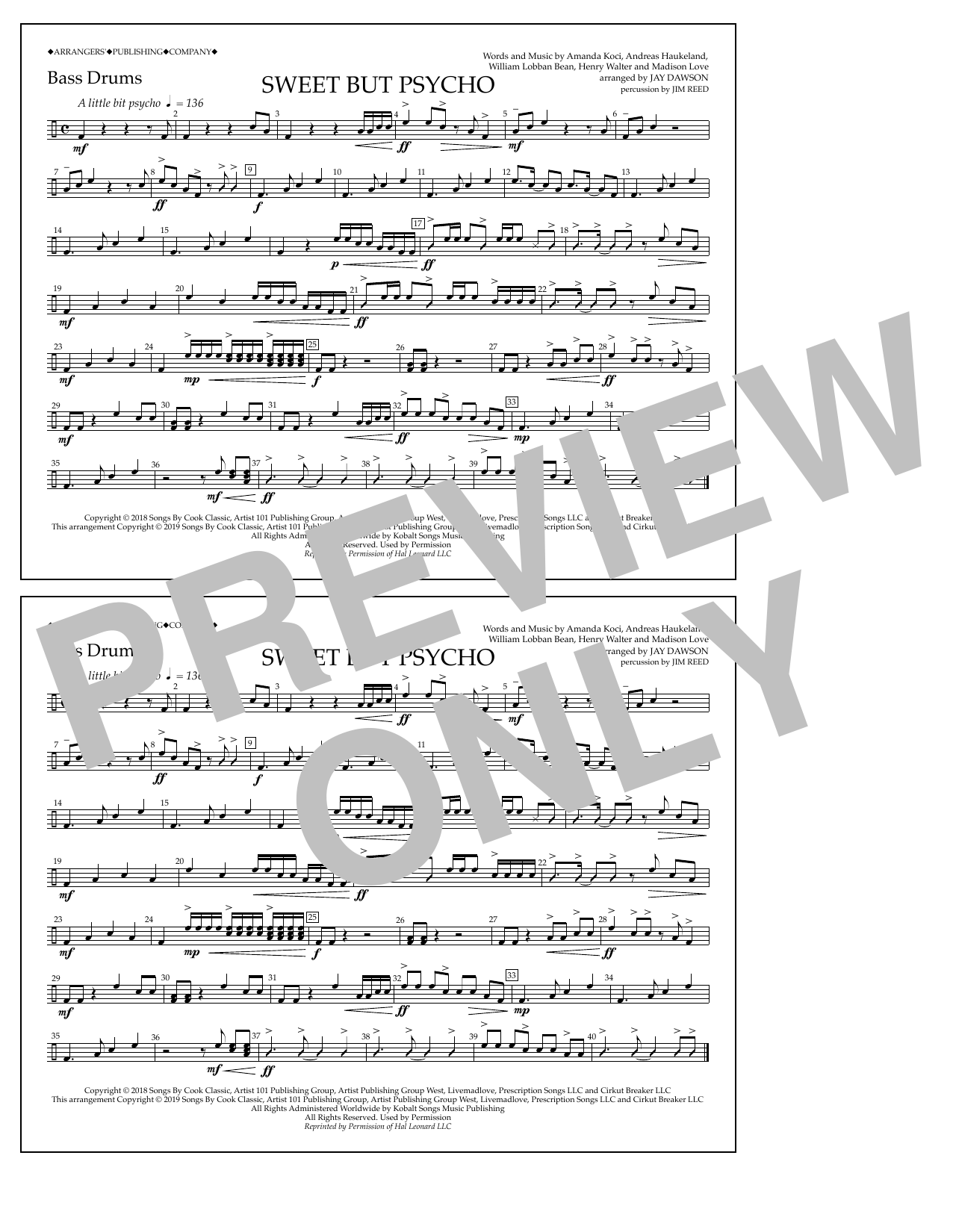 Ava Max Sweet But Psycho (arr. Jay Dawson) - Bass Drums sheet music notes and chords arranged for Marching Band