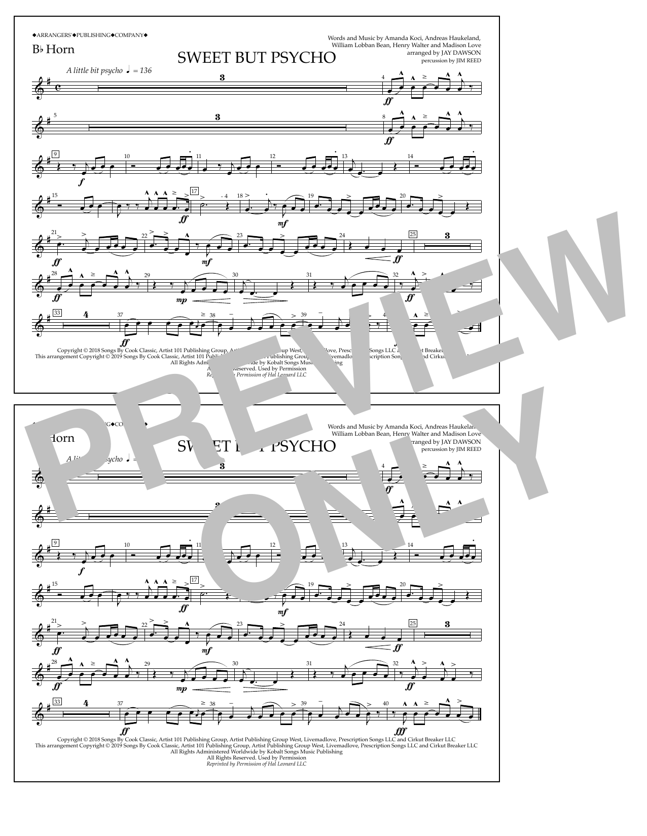 Ava Max Sweet But Psycho (arr. Jay Dawson) - Bb Horn sheet music notes and chords arranged for Marching Band