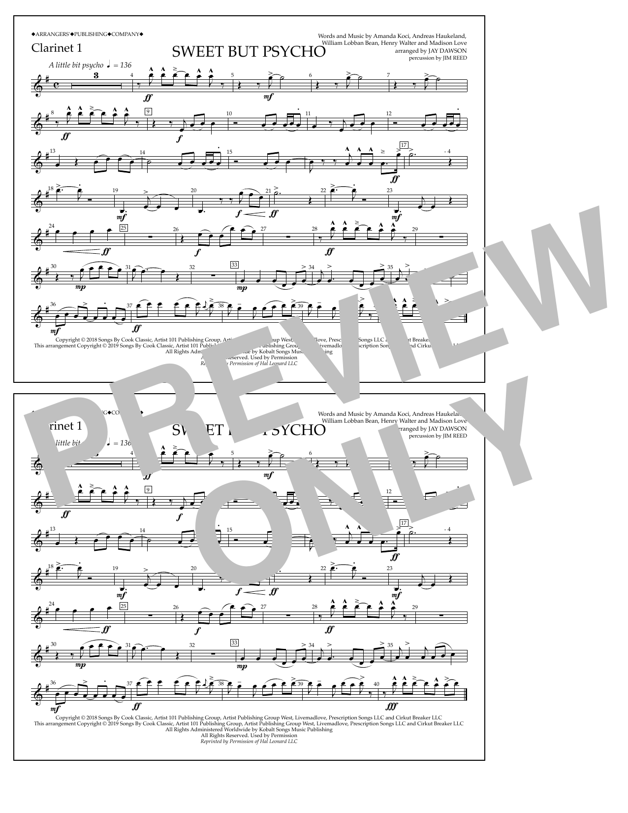Ava Max Sweet But Psycho (arr. Jay Dawson) - Clarinet 1 sheet music notes and chords arranged for Marching Band