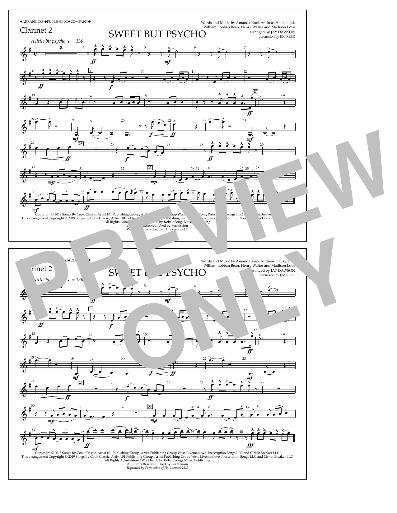 Ava Max Sweet But Psycho (arr. Jay Dawson) - Clarinet 2 sheet music notes and chords arranged for Marching Band