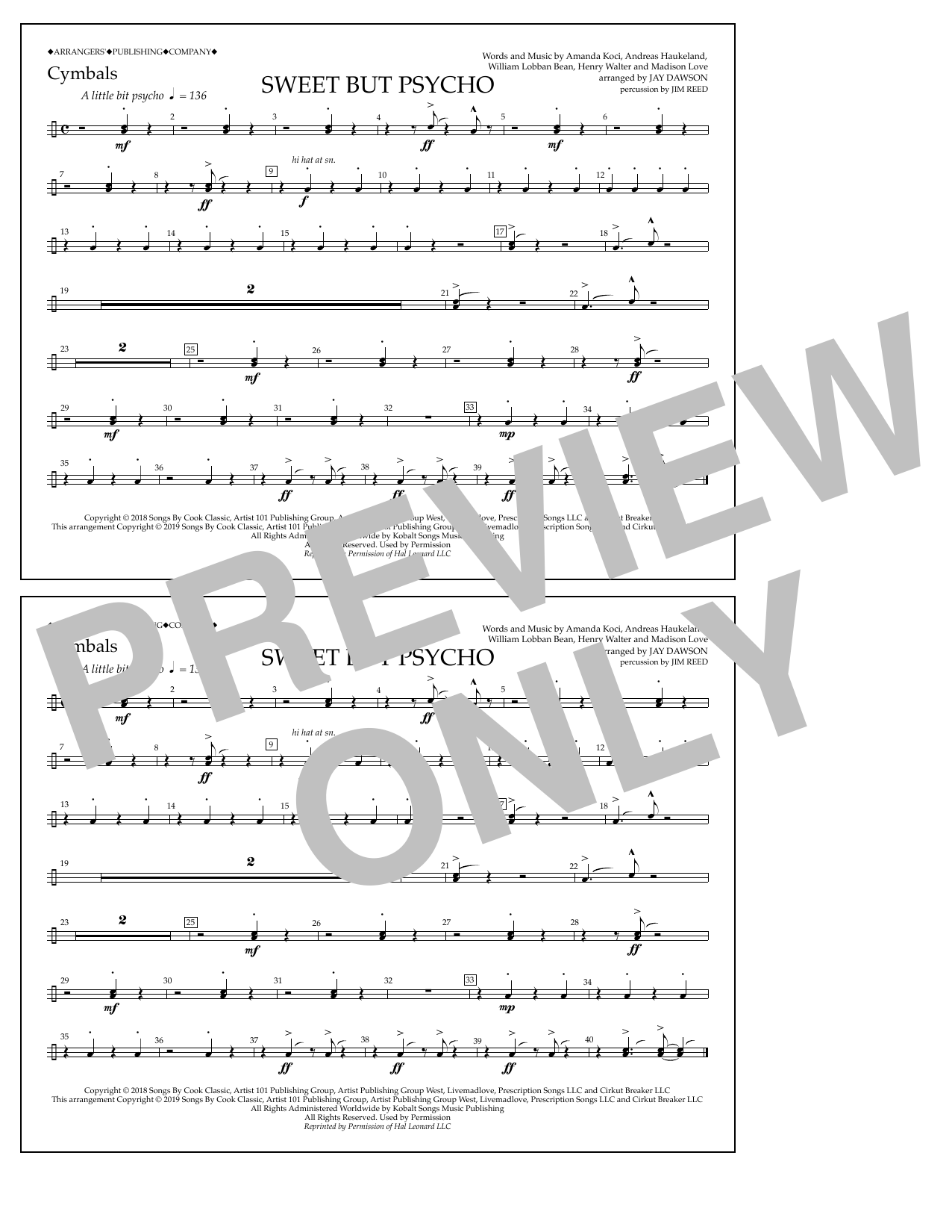 Ava Max Sweet But Psycho (arr. Jay Dawson) - Cymbals sheet music notes and chords arranged for Marching Band