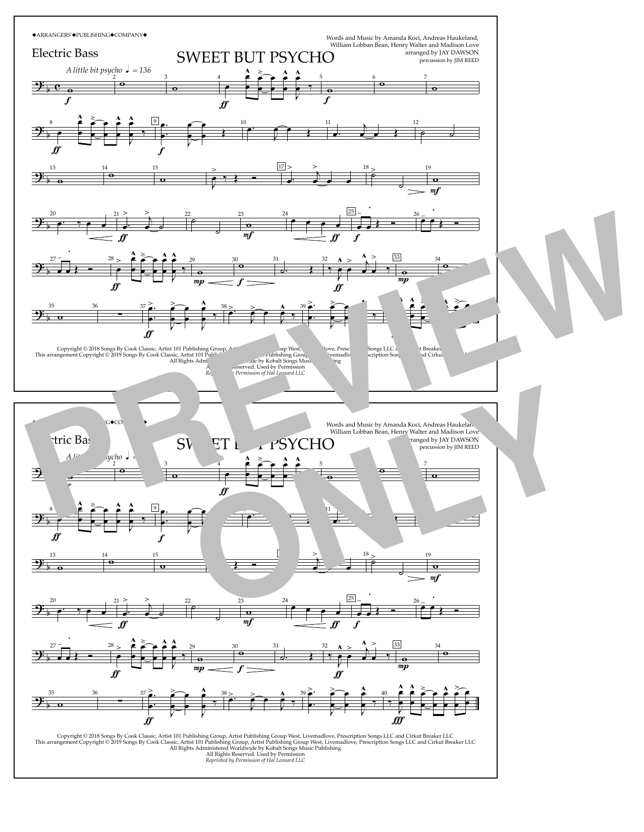 Ava Max Sweet But Psycho (arr. Jay Dawson) - Electric Bass sheet music notes and chords arranged for Marching Band