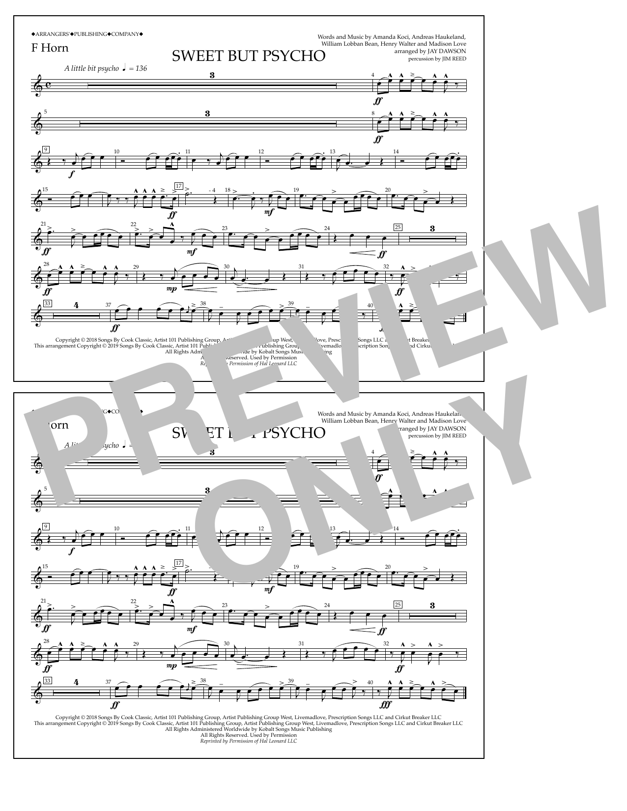 Ava Max Sweet But Psycho (arr. Jay Dawson) - F Horn sheet music notes and chords arranged for Marching Band