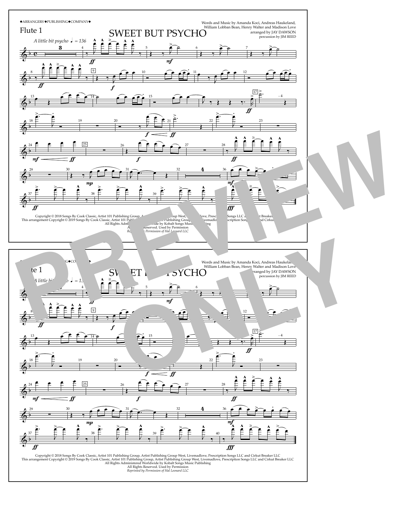 Ava Max Sweet But Psycho (arr. Jay Dawson) - Flute 1 sheet music notes and chords arranged for Marching Band