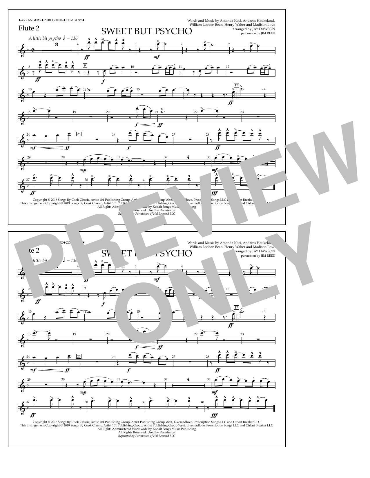 Ava Max Sweet But Psycho (arr. Jay Dawson) - Flute 2 sheet music notes and chords arranged for Marching Band