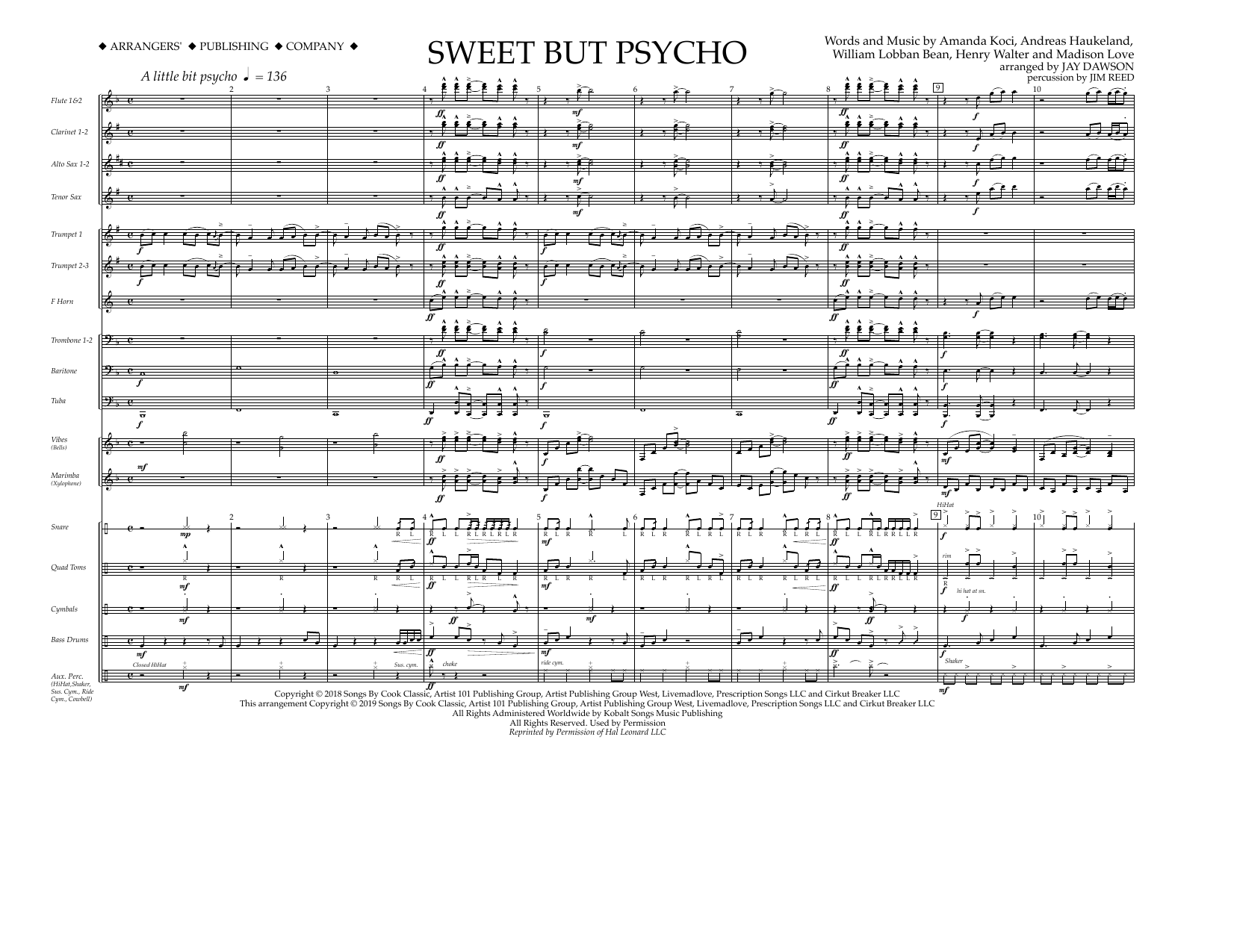 Ava Max Sweet But Psycho (arr. Jay Dawson) - Full Score sheet music notes and chords arranged for Marching Band