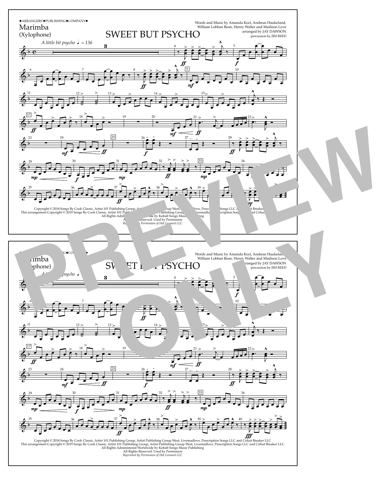 Ava Max Sweet But Psycho (arr. Jay Dawson) - Marimba sheet music notes and chords arranged for Marching Band