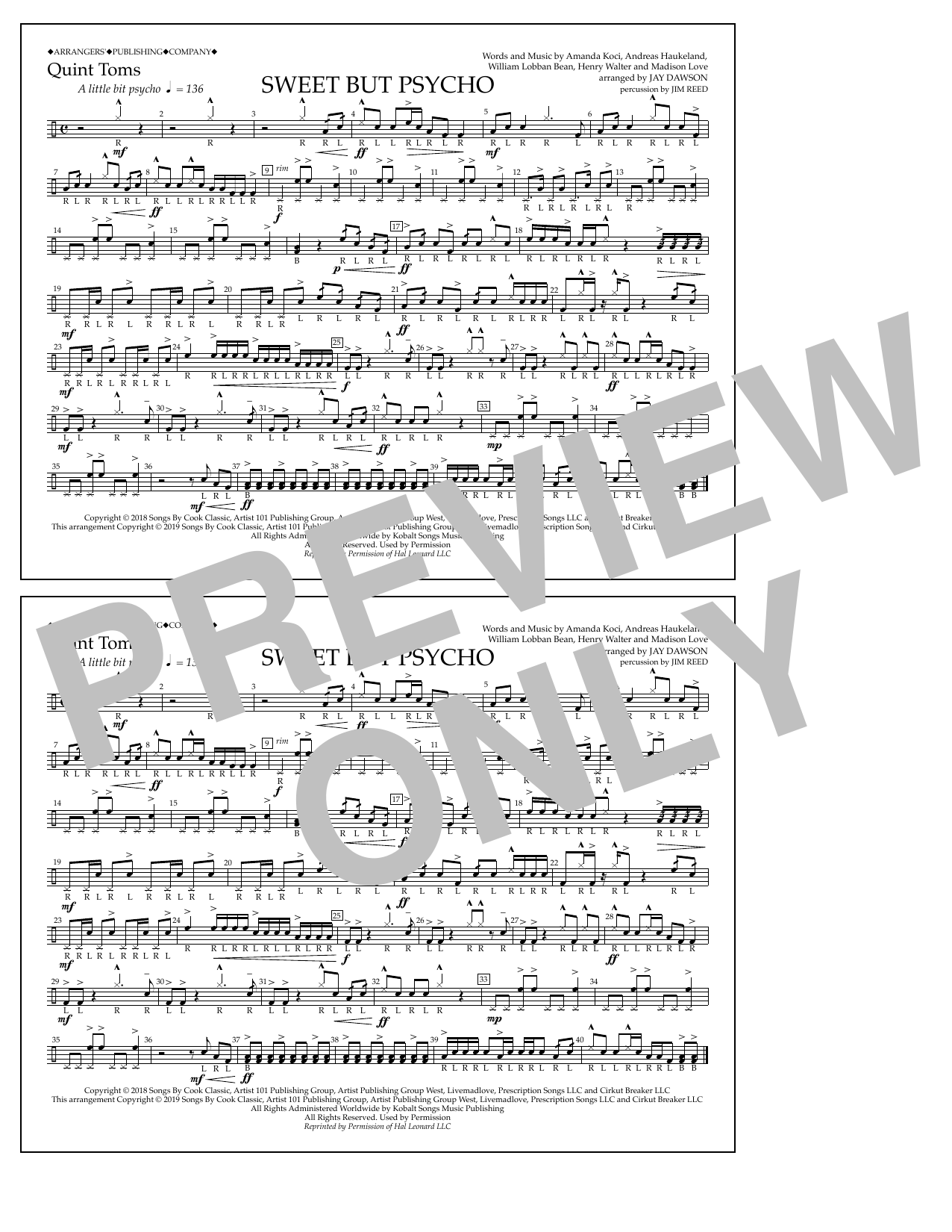 Ava Max Sweet But Psycho (arr. Jay Dawson) - Quint-Toms sheet music notes and chords arranged for Marching Band