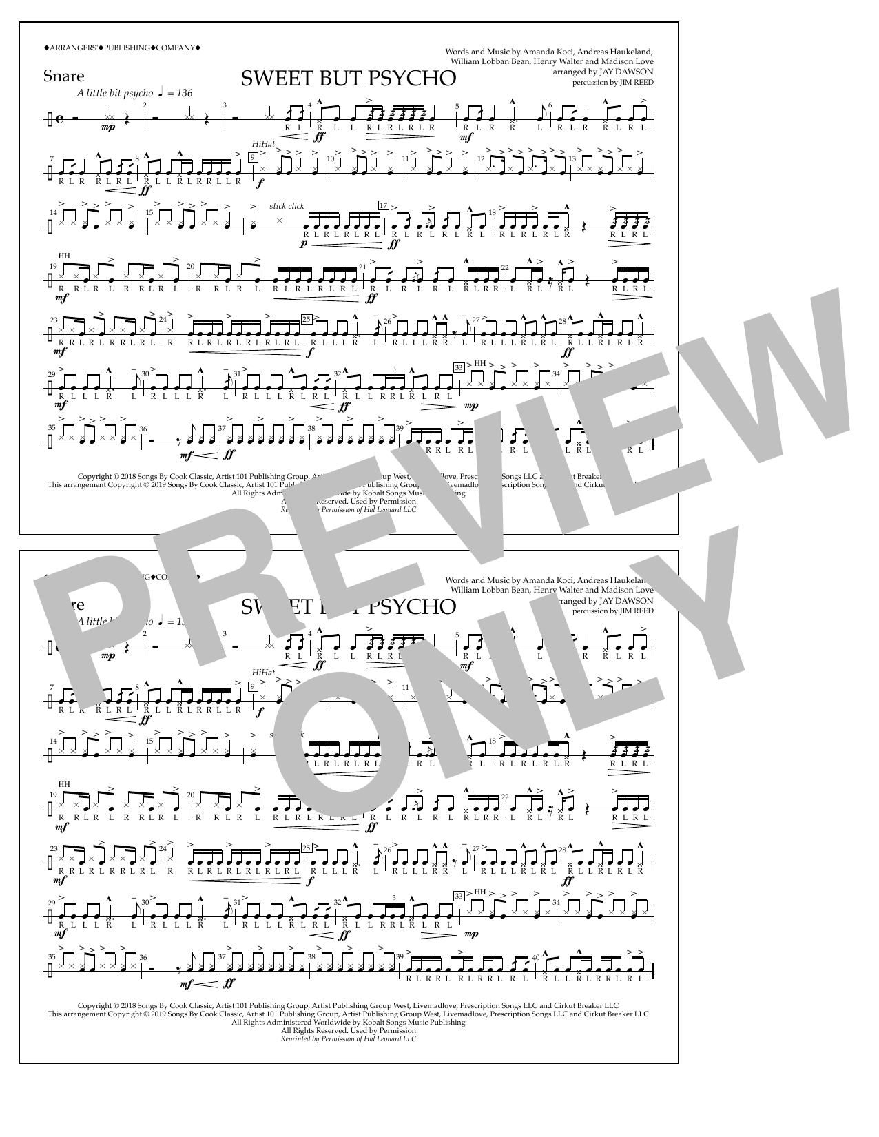 Ava Max Sweet But Psycho (arr. Jay Dawson) - Snare sheet music notes and chords arranged for Marching Band