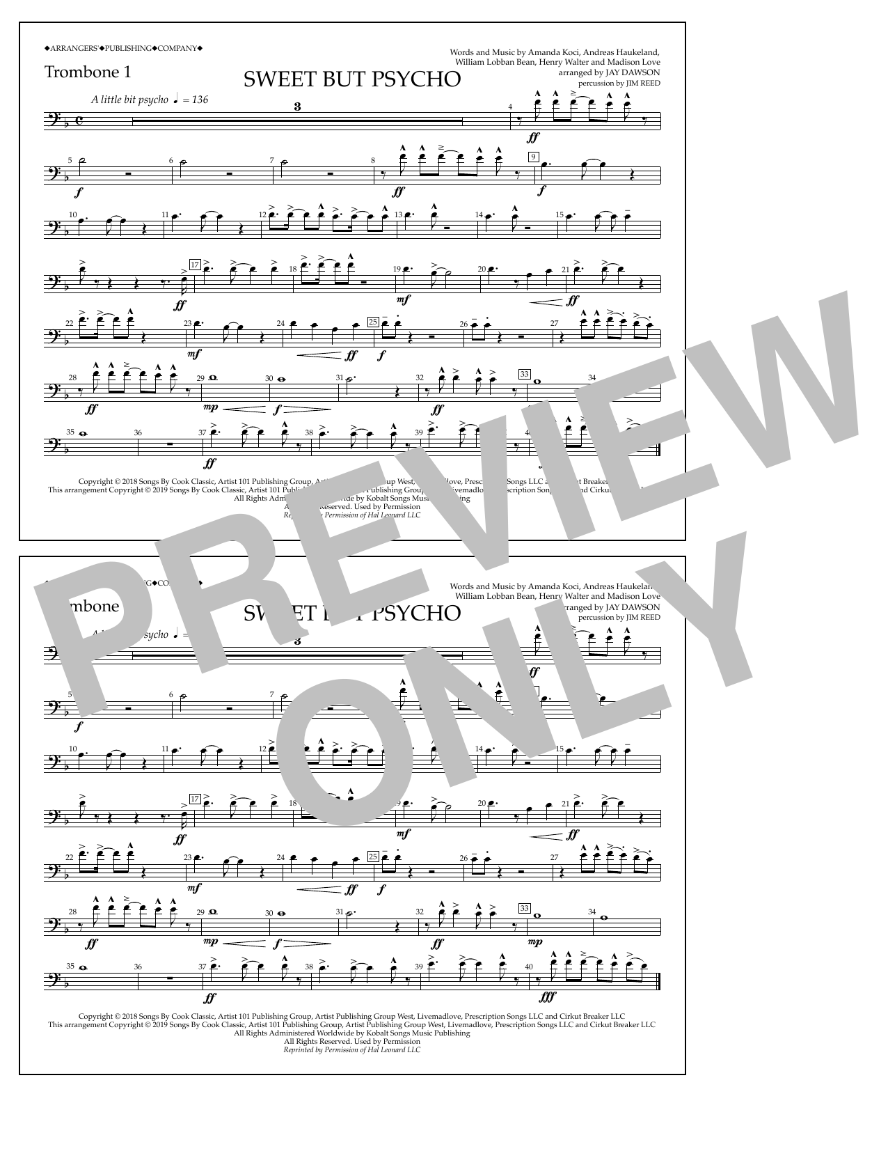 Ava Max Sweet But Psycho (arr. Jay Dawson) - Trombone 1 sheet music notes and chords arranged for Marching Band