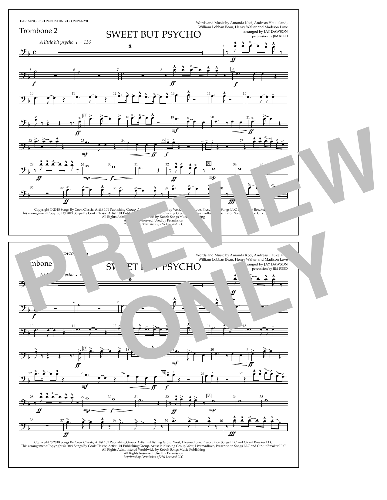 Ava Max Sweet But Psycho (arr. Jay Dawson) - Trombone 2 sheet music notes and chords arranged for Marching Band