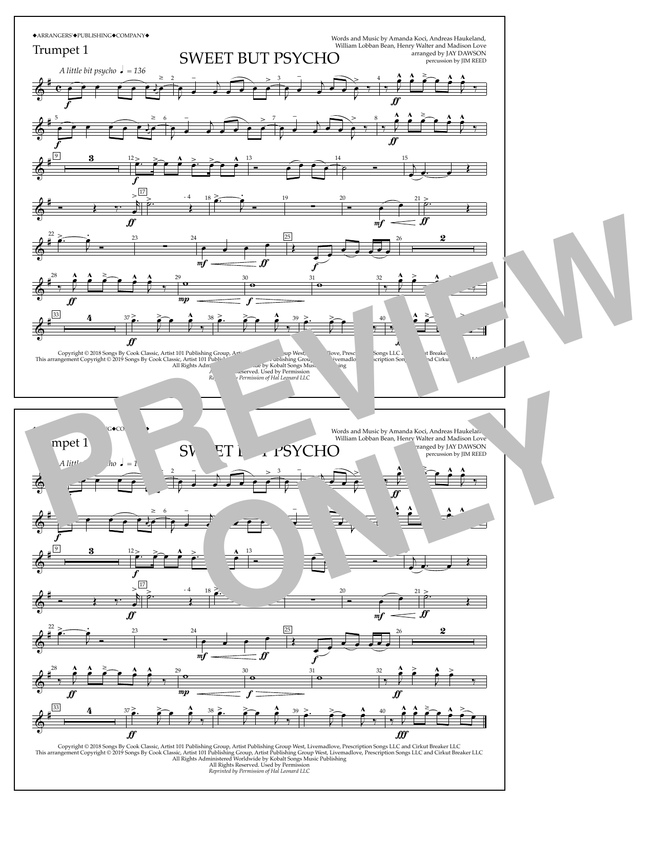 Ava Max Sweet But Psycho (arr. Jay Dawson) - Trumpet 1 sheet music notes and chords arranged for Marching Band
