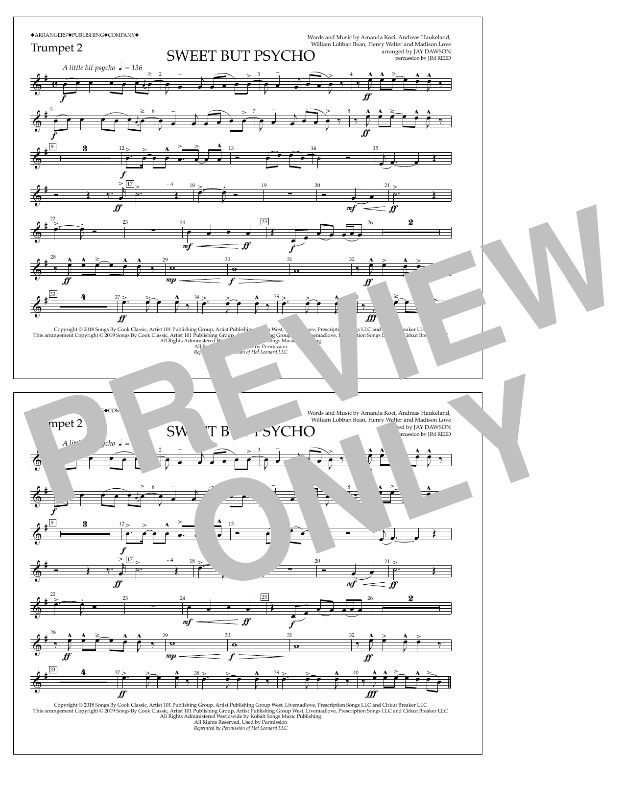Ava Max Sweet But Psycho (arr. Jay Dawson) - Trumpet 2 sheet music notes and chords arranged for Marching Band