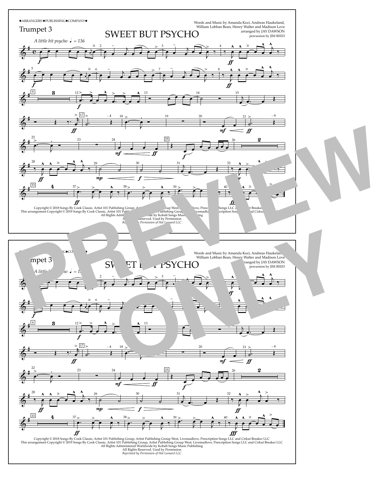 Ava Max Sweet But Psycho (arr. Jay Dawson) - Trumpet 3 sheet music notes and chords arranged for Marching Band