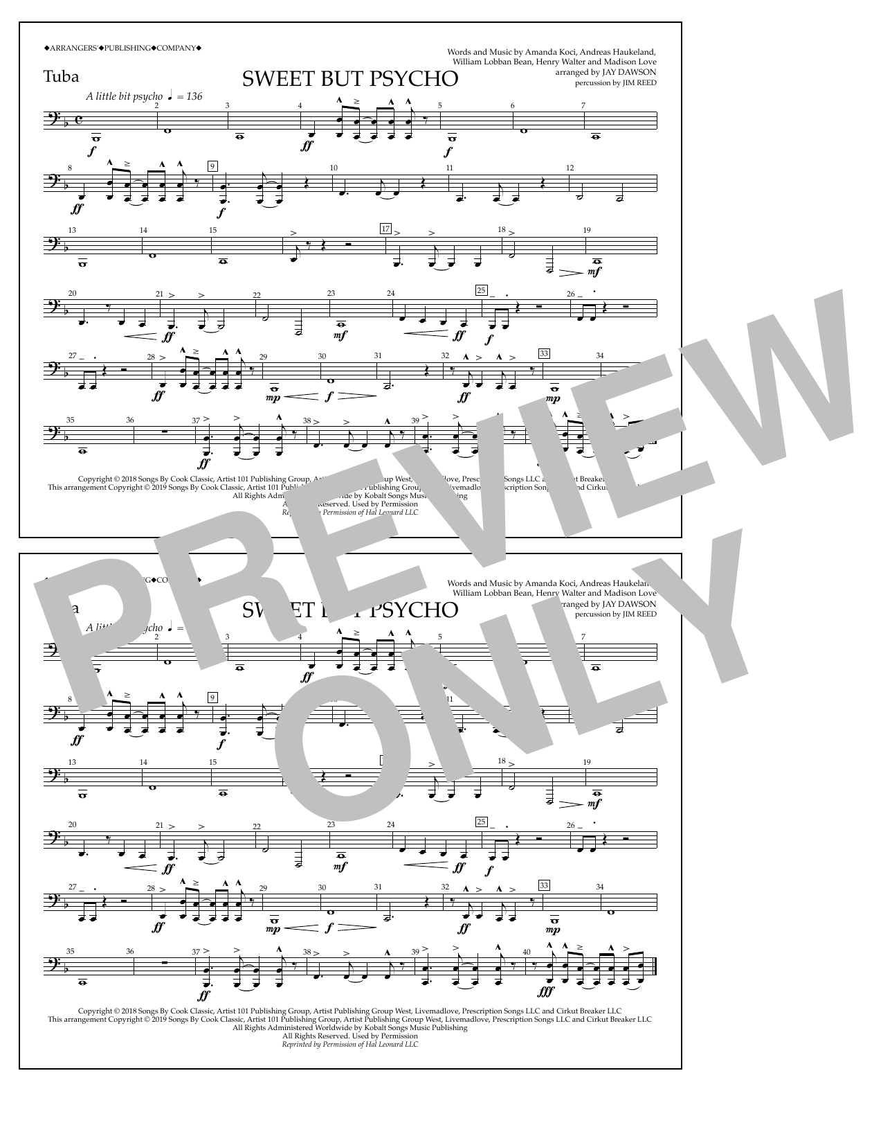 Ava Max Sweet But Psycho (arr. Jay Dawson) - Tuba sheet music notes and chords arranged for Marching Band