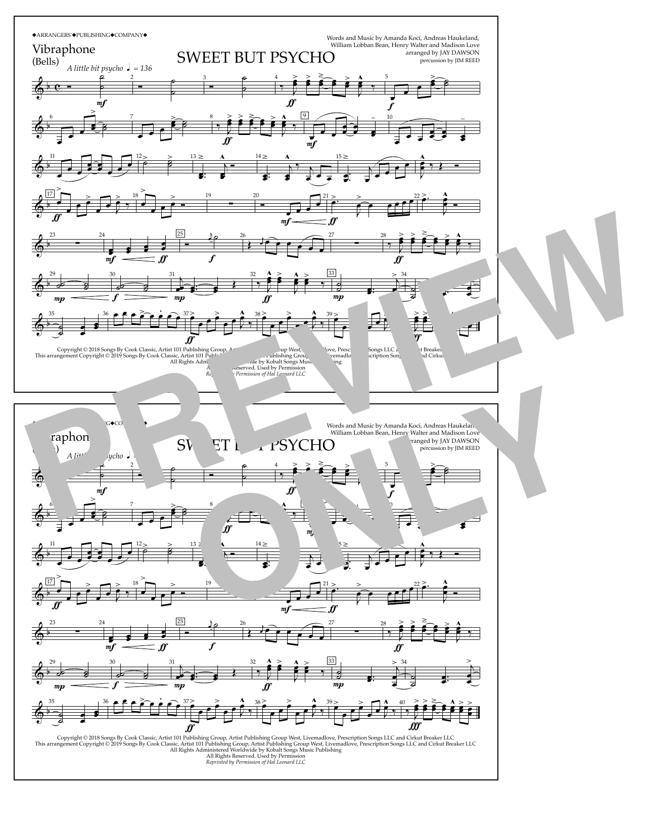 Ava Max Sweet But Psycho (arr. Jay Dawson) - Vibraphone sheet music notes and chords arranged for Marching Band