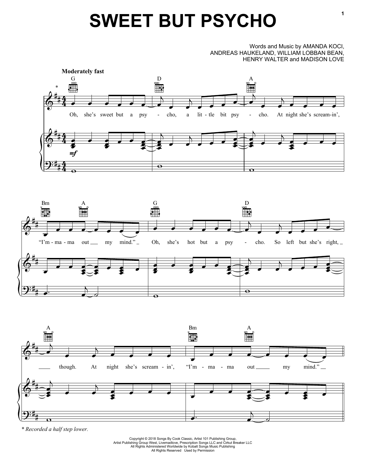 Ava Max Sweet But Psycho sheet music notes and chords arranged for Really Easy Piano