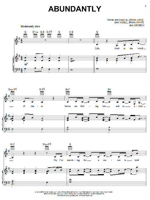 Avalon Abundantly sheet music notes and chords arranged for Piano, Vocal & Guitar Chords (Right-Hand Melody)