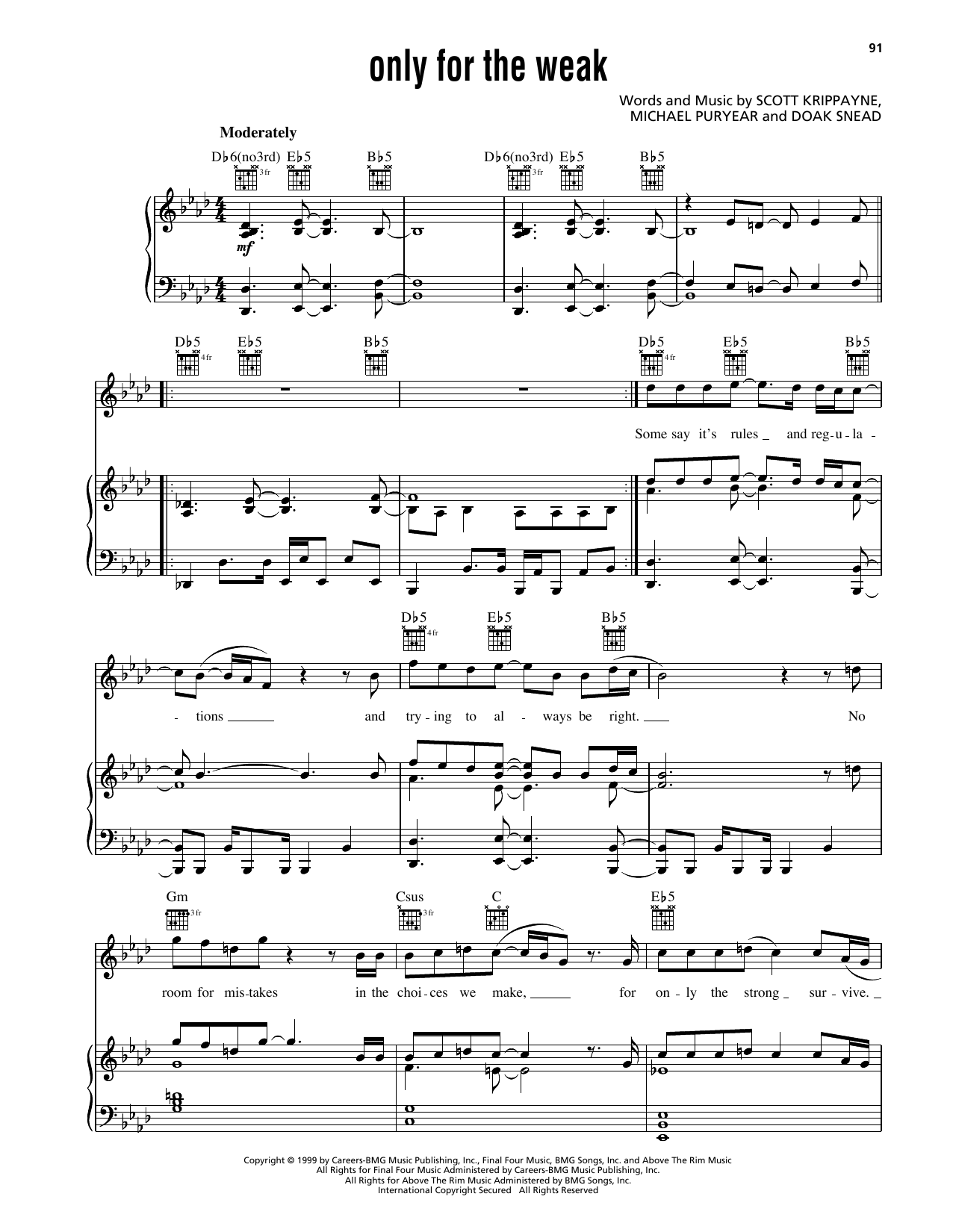 Avalon Only For The Weak sheet music notes and chords arranged for Piano, Vocal & Guitar Chords (Right-Hand Melody)