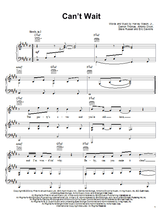 Avant Can't Wait sheet music notes and chords arranged for Piano, Vocal & Guitar Chords (Right-Hand Melody)