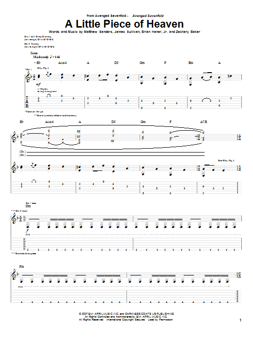 Avenged Sevenfold A Little Piece Of Heaven sheet music notes and chords arranged for Guitar Tab