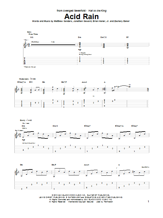 Avenged Sevenfold Acid Rain sheet music notes and chords arranged for Guitar Tab