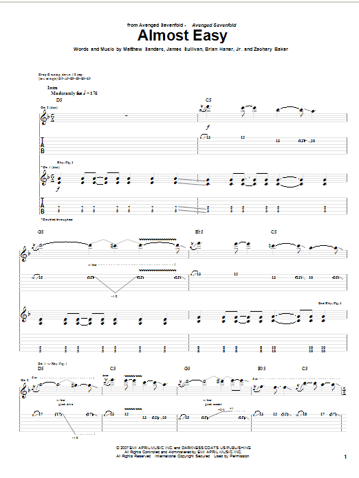 Avenged Sevenfold Almost Easy sheet music notes and chords arranged for Easy Guitar Tab