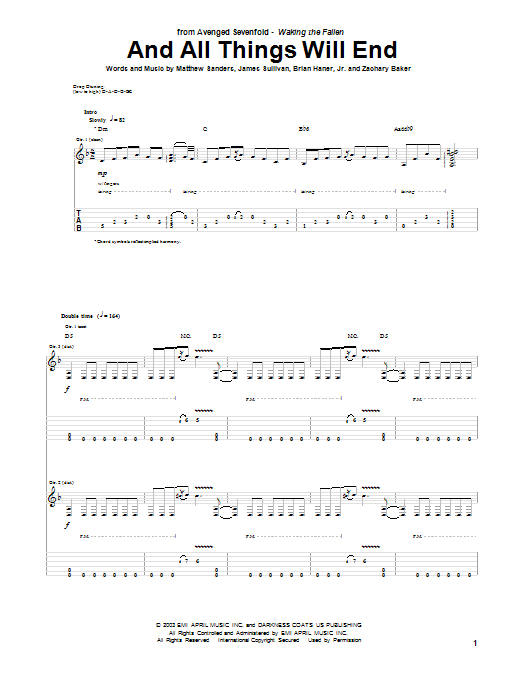 Avenged Sevenfold And All Things Will End sheet music notes and chords arranged for Guitar Tab